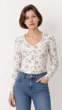 Lucky Brand Women's Floral Faux Button Front Ribbed Top Cream Small Cottagecore
